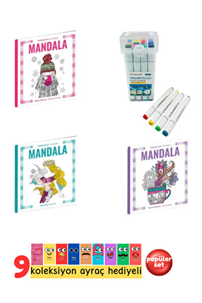 Pembe Pasaj Mandala Seti 3'lü Mandala 12 Renkli Marker Kalem | Yetişkinler Için Stres Önleyici Set