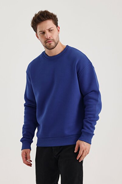 COMBİNE MİCHAİL Saks Pamuklu Bisiklet Yaka Oversize Şardonlu Basic Erkek Sweatshirt