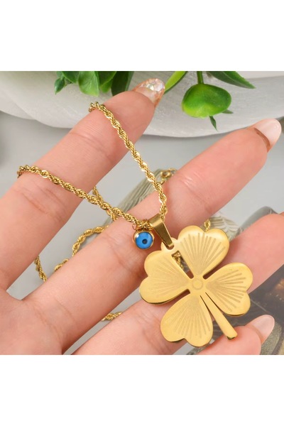 Siya Silver Kararmaz Çelik Uzun Burgu Zincirli 4 Yapraklı Yonca Kolye-60 Cm Z...