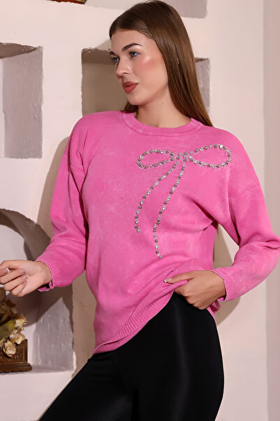 MILANOFOX Washable Pink Knit Sweater with Bow Stone Detail – Stylish and Modern Design
