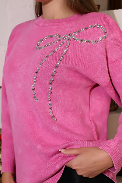 MILANOFOX Washable Pink Knit Sweater with Bow Stone Detail – Stylish and Modern Design