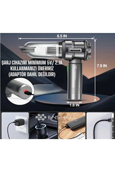 Enshall Technology Yeni Kablosuz Şarjlı 3 Kademeli 2ın1 Profesyonel Ultra Çekim Güçlü Mini Araç Süpürgesi