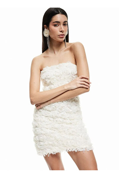 Koton x Sibil Çetinkaya Ekru Kadın Straplez Yaka Slim Fit Elbise 5SAK80297EK