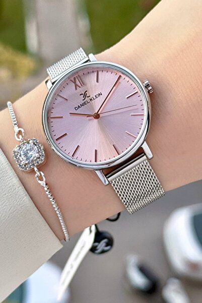 Daniel Klein Kadranı Pembe Kordonu Gümüş Renk Kadın Kol Saati ve Bileklik