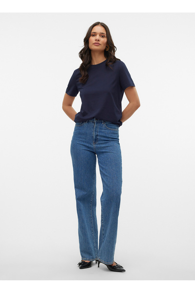 Vero Moda Bisiklet Yaka Mavi Kadın T-Shirt VMPAULINA SS T-SHIRT JRS NOOS