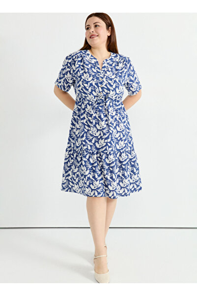Selen V Yaka Desenli Mavi Standart Kadın Elbise 25YSL7601