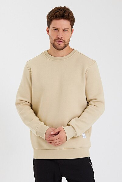 CLIPMAN Ανδρική slim Fit Crew Neck μονόχρωμη μπλούζα με 3 κλωστές μπεζ