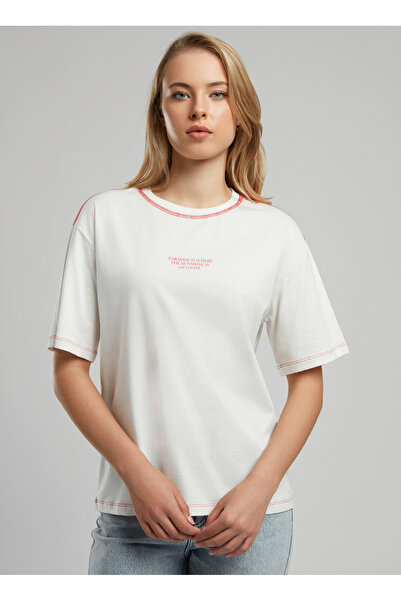 Lee Cooper Crew Neck Printed Ecru Women's T-Shirt 252 Lcf 242014 Karbe Ecru-K