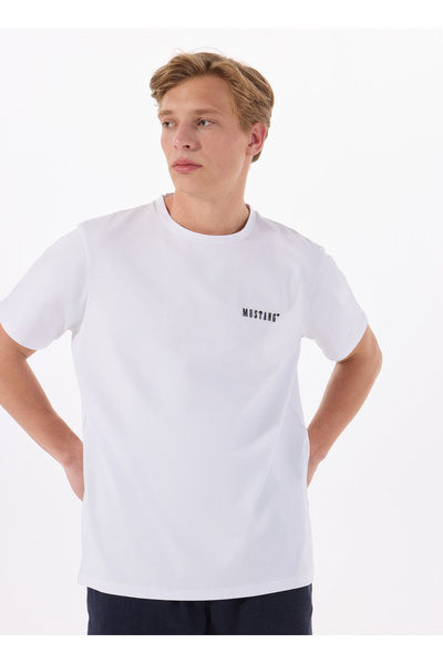 Mustang Bisiklet Yaka Baskılı Beyaz Erkek T-Shirt M5SM-TST1295