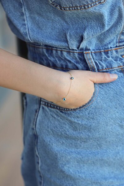 Diamond Line-Gülaylar 14 Ayar Sarı Altın Nazar Boncuklu Bileklik