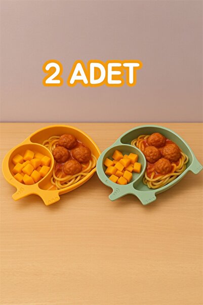 Bayev 2'li TURUNCU Ve YEŞİL Fil Bölmeli Mama Tabağı - Bebek Ve Çocuk Bölmeli Yemek Tabağı