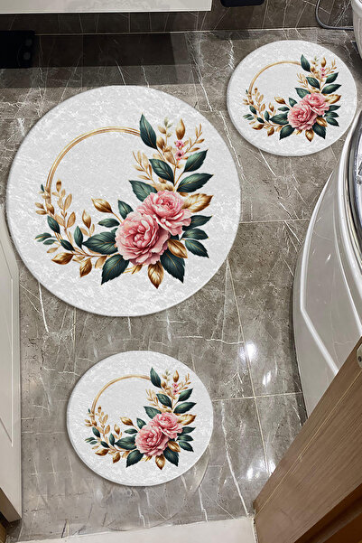 Evperest Gold Çizgili Çiçekli Banyo Paspas Seti