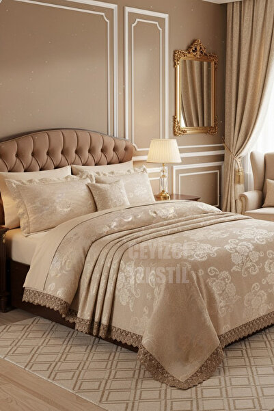 Çt Çeyizci Tekstil Set dublu pike Berfin - Cappuccino