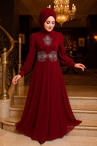 Neva Style فستان سهرة حجاب أحمر اللون من الدانتيل 9118br