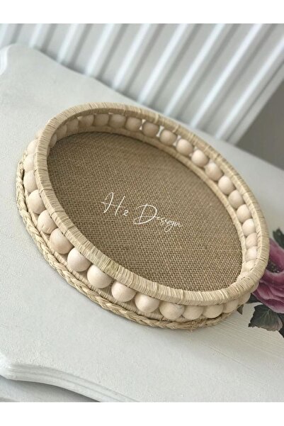 H2 Design El Yapımı Ahşap Boncuklu Doğal Rafya Hasır Dekoratif Tepsi