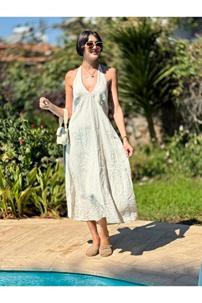 Punta Otantik Nc14968 Italian Neck Tie Backless Linen Dress Cream