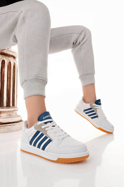 McDark Women's White Navy Blue Thermo Sole Striped Lace-Up Sneaker Shoes