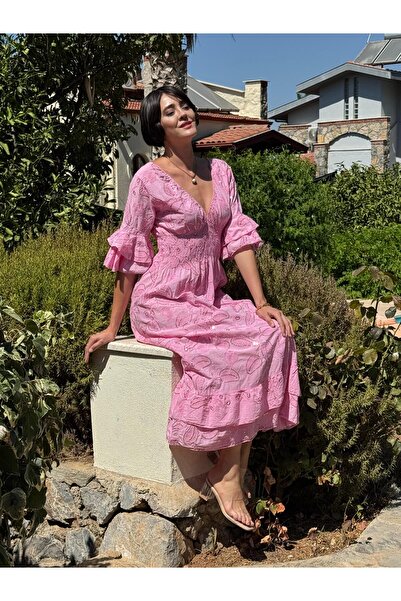 Punta Otantik Nc10995 Italian Sequined Waist Elastic Waist Cotton Dress Pink