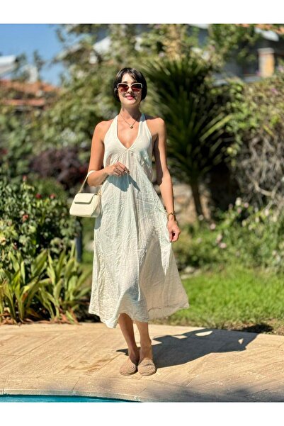 Punta Otantik Nc14968 Italian Neck Tie Backless Linen Dress Cream