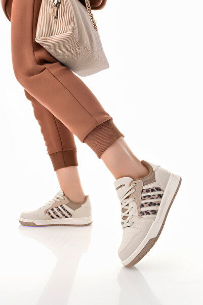 McDark Women's Beige Thermo Sole Striped Lace-Up Sneaker Shoes