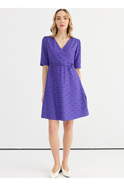 Selen Kruvaze Yaka Desenli Mor Standart Kadın Elbise 25YSL7624