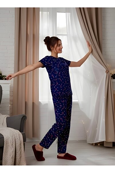 LETS BASIC Navy Blue Candy Cane Patterned Relaxed Fit Women's Pajama Set