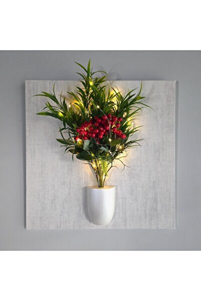 STDEKOR Led Işıklı, Yılbaşı Kokina ve Çam Ağaçlı, Kabartma Dokulu Çiçekli Tablo