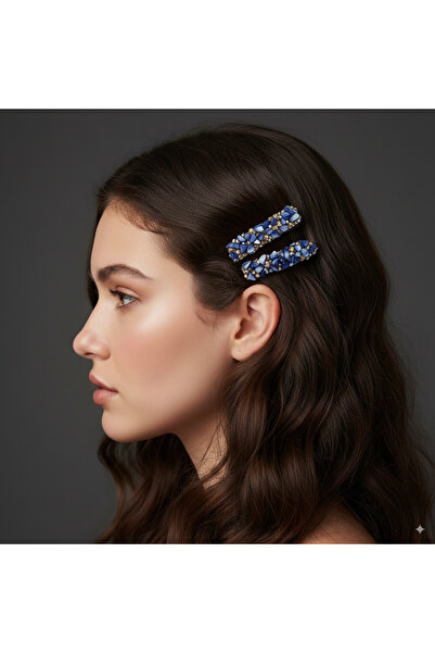 AHENK AKSESUAR Mavi Doğal Taşlı Işıltılı 2'li Pens Toka