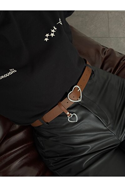 LİA KEMER Silver Belt with Heart Buckle, Jacket Belt, Pants Belt, Casual Belt
