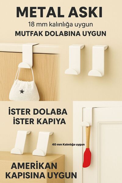 VENON 4 Adet BEYAZ Mutfak Dolap Askısı METAL Amerikan Kapı Arkası Askılığı Me...