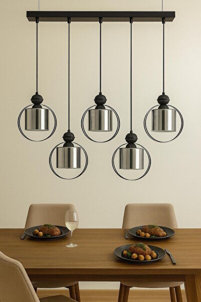 VENON Hivda 5.li Sıralı Siyah Yemek Masası Üstü Avizesi Sarkıt Avize Salon Av...