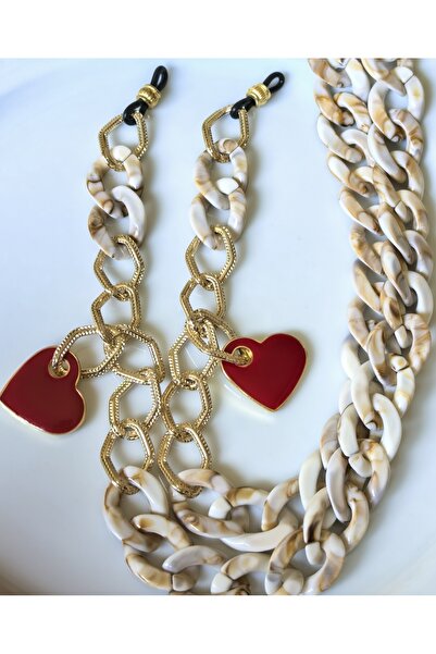 THİNBLACK Glasses Chain Red Mineral Coated Heart Pendant Bone Color Acrylic Strap