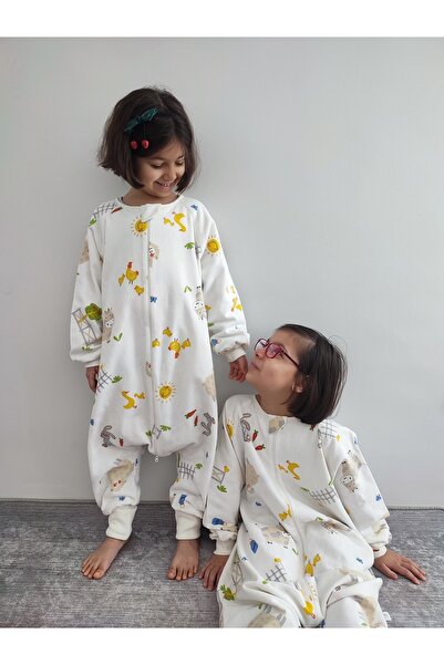 RUKİYE YAVUZ Pamuk Pazen Kışlık Kollu Çocuk Uyku Tulumu Unisex Çiftlik Desenl...