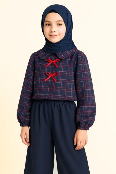 Angel&Co. Girls Clothing Girl's Navy Blue Pleated Loose Trousers and Checkered Navy Blue Shirt Set