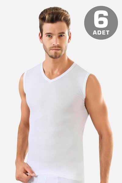 Arma Yıldız 6 Pieces White Sleeveless Men's Athlete V-Neck Zero Sleeve T-Shirt 100% Cotton