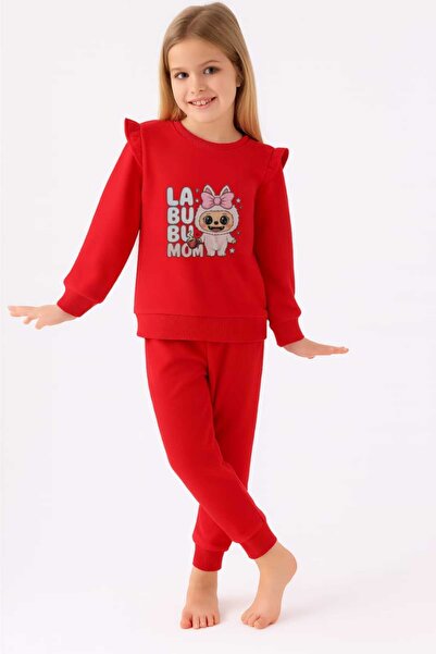 ESİLA KİDS Kız Çocuk Takım Pembe Labubu Baskılı Fırfırlı Sweatshirt ve Eşofman Altı Takım 5-8 yaş