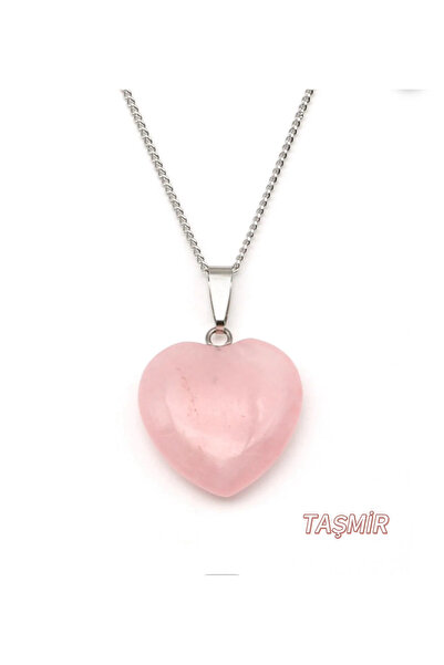 Taş-Mir Pembe Kuvars Kalp Doğal Taş Kolye