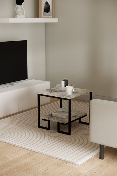 Phobia Solto Home SC25-15 Siyah Metal Beyaz Mermer Desen Raf Tasarım Orta Sehpa | Modern Oturma Odası