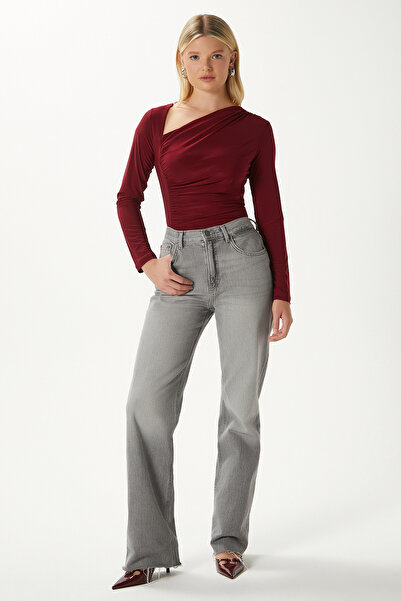 Ritnice Women's True Bodycon Blouse with Side Gathered Neck Detail, Soft Stretchy Fabric, Burgundy Color