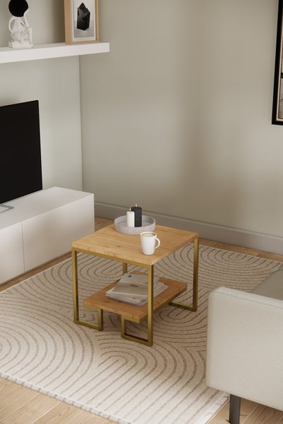 Phobia Solto Home SC25-24 Altın Metal Meşe Raf Tasarım Orta Sehpa | Modern Oturma Odası
