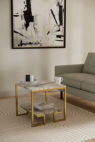 Phobia Metal Tasarım Orta Sehpa Beyaz Mermer Desen Gold Metal Sehpa Oturma Odası 25-25