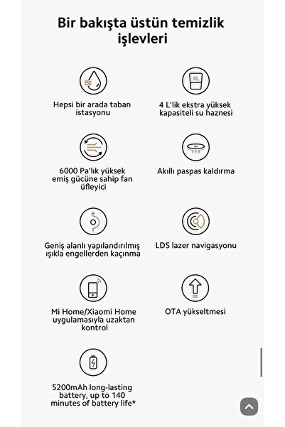 Xiaomi Süpürme Mop Kaldırma Ve Düşme Önleyici Kontrol Istasyonlu Robot Süpürge