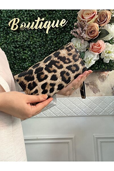 Baykuş Boutique Шкіряний жіночий гаманець з леопардовим принтом з відділенням для телефону та монет на зап'ясті з рукавним ремінцем