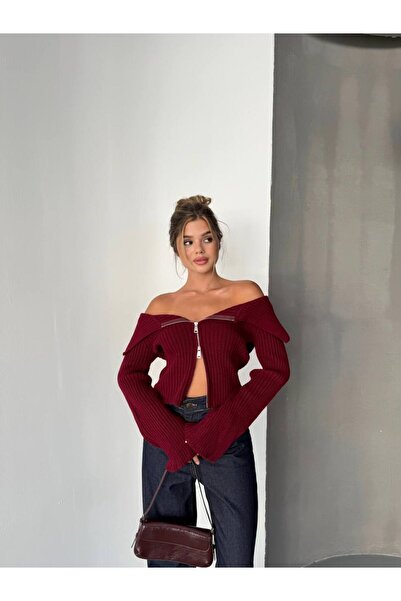 İLKCET MODA Double Zipper Burgundy Madonna Collar Knitwear Cardigan
