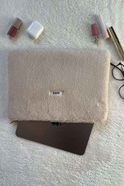 eles Beige Plush Leopard Pattern Tablet Bag, Beige Plush Tablet Case, Plush Tablet Bag