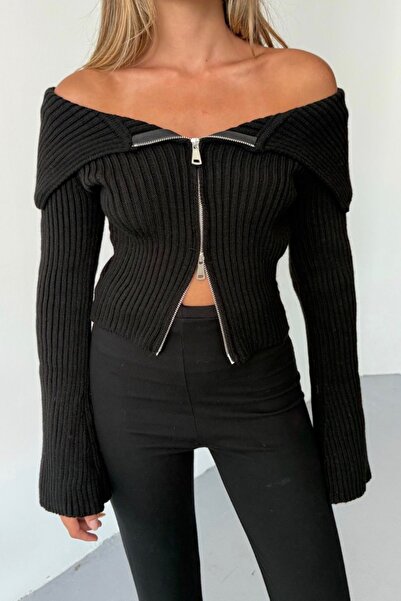 İLKCET MODA Ζακέτα πλεκτό με διπλό φερμουάρ μαύρο γιακά Madonna