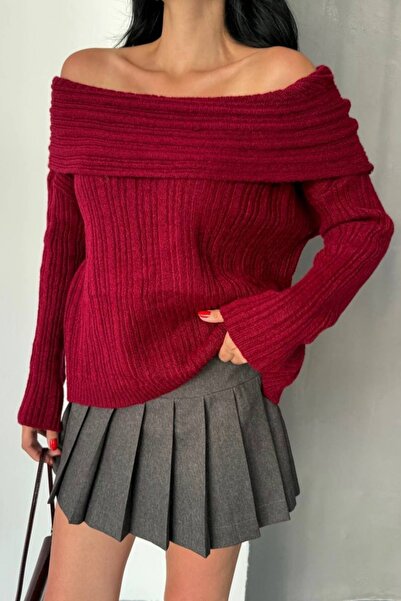 İLKCET MODA Thick Burgundy Madonna Collar Knitwear Sweater