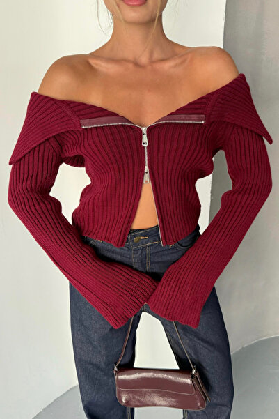 İLKCET MODA Double Zipper Burgundy Madonna Collar Knitwear Cardigan