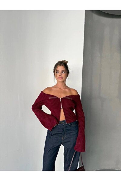 İLKCET MODA Double Zipper Burgundy Madonna Collar Knitwear Cardigan