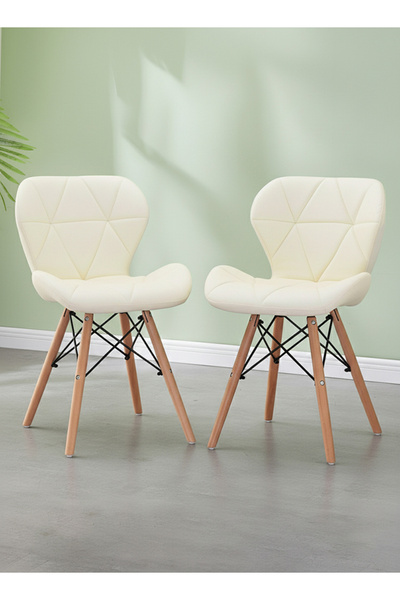 Taimi Pack of 2 Modern Dining Chair, PU Leather Seat, Natural Wood Legs, Scandinavian Design , Beige